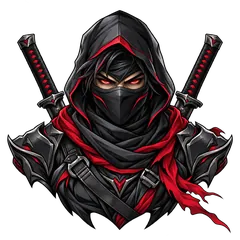 A masked ninja in black and gray armor with red accents and two sword hilts behind its shoulders.