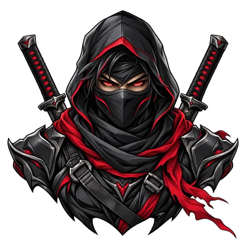 A masked ninja in black and gray armor with red accents and two sword hilts behind its shoulders.