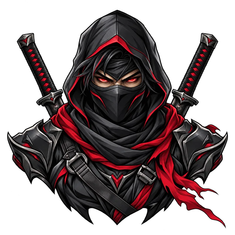 A masked ninja in black and gray armor with red accents and two sword hilts behind its shoulders.
