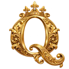 An ornate gold uppercase letter Q with a small crown, engraved leaves and a curved descending tail.