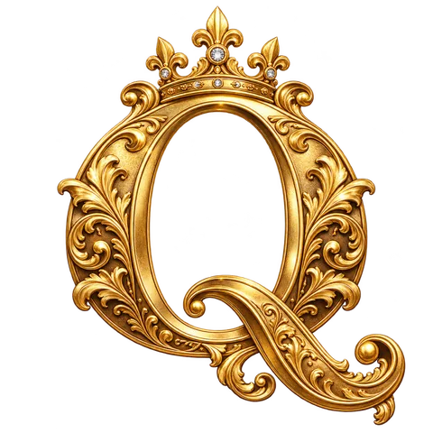 An ornate gold uppercase letter Q with a small crown, engraved leaves and a curved descending tail.