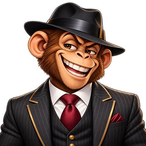 A grinning brown monkey wearing a black fedora, charcoal pinstripe suit and burgundy tie.