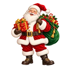 A laughing Santa Claus in a red suit, carrying a green sack and holding a wrapped red-and-gold gift.