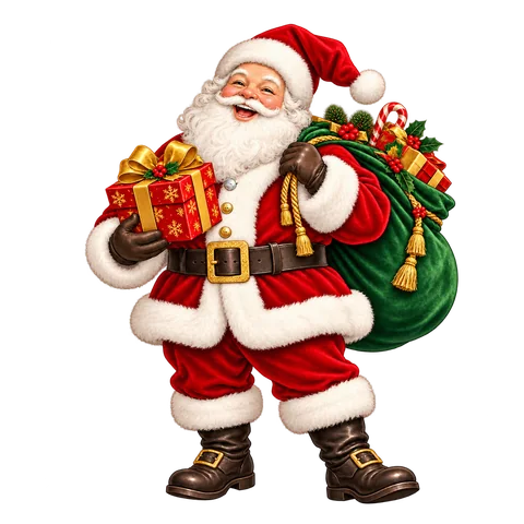 A laughing Santa Claus in a red suit, carrying a green sack and holding a wrapped red-and-gold gift.