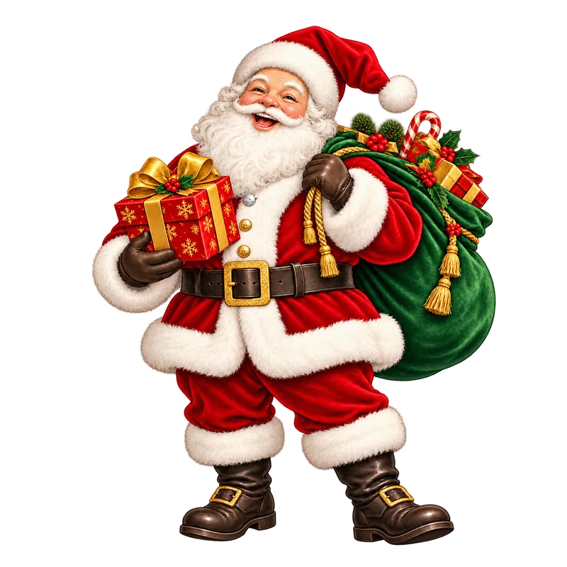 A laughing Santa Claus in a red suit, carrying a green sack and holding a wrapped red-and-gold gift.